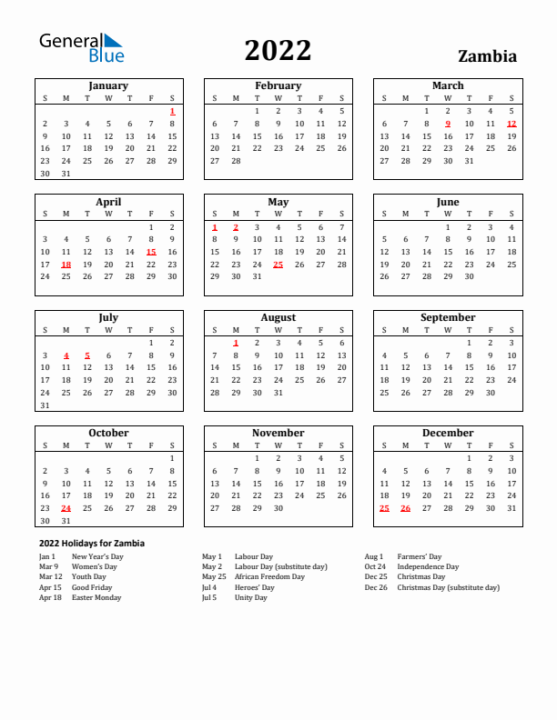 2022 Zambia Holiday Calendar - Sunday Start