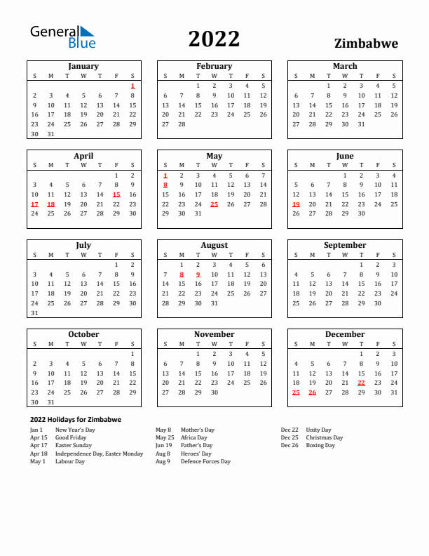 2022 Zimbabwe Holiday Calendar - Sunday Start