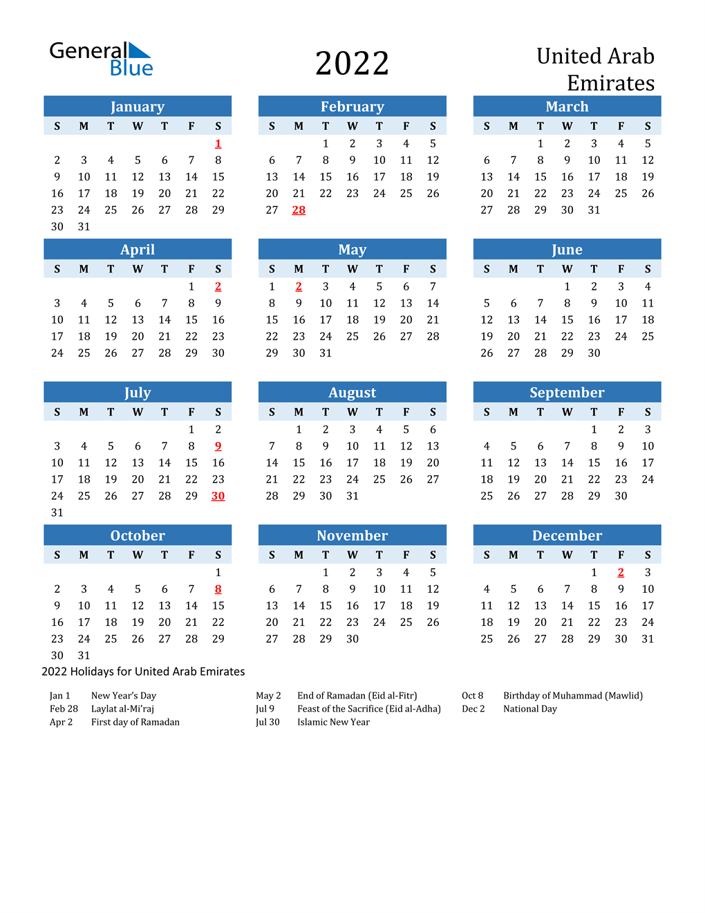 Gcc Calendar 2022 2022 United Arab Emirates Calendar With Holidays