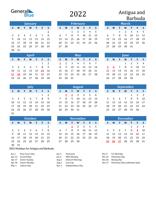 Printable Calendar 2022 with Antigua and Barbuda Holidays
