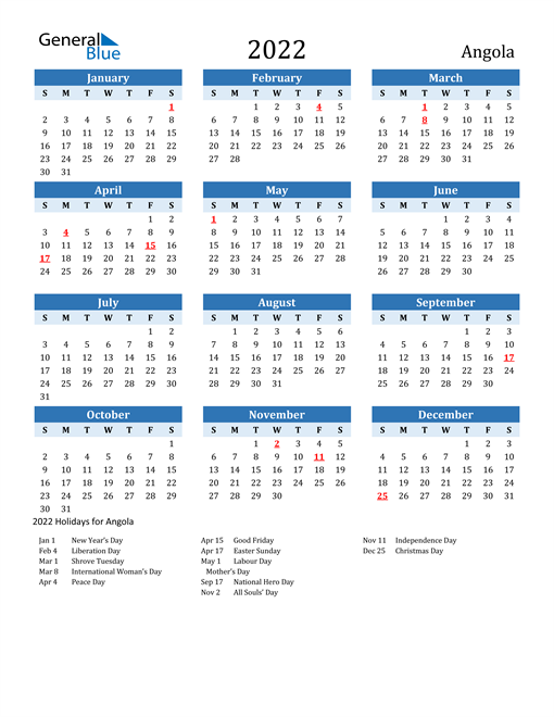 2022 angola calendar with holidays