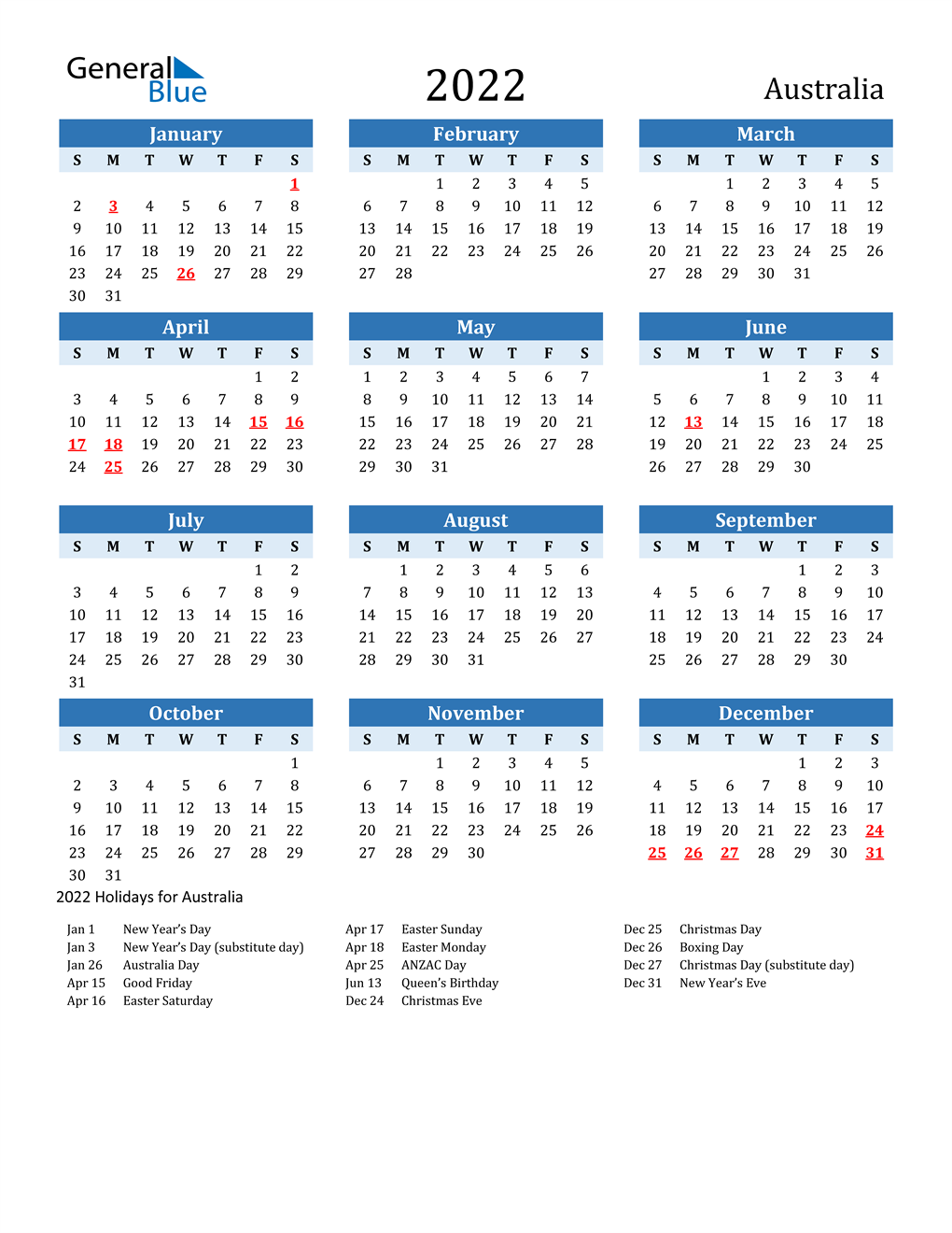 2022 Australia Calendar Holidays