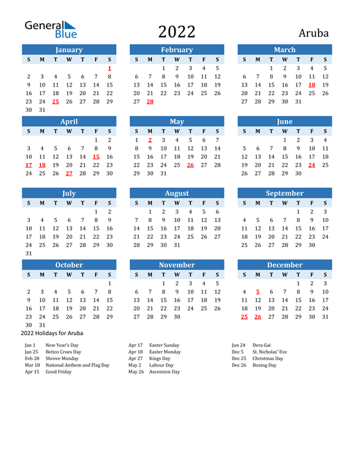 2022 Calendar - Aruba with Holidays