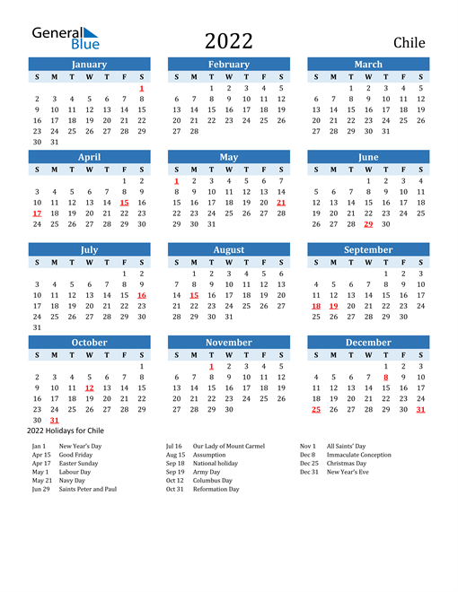 2022 chile calendar with holidays