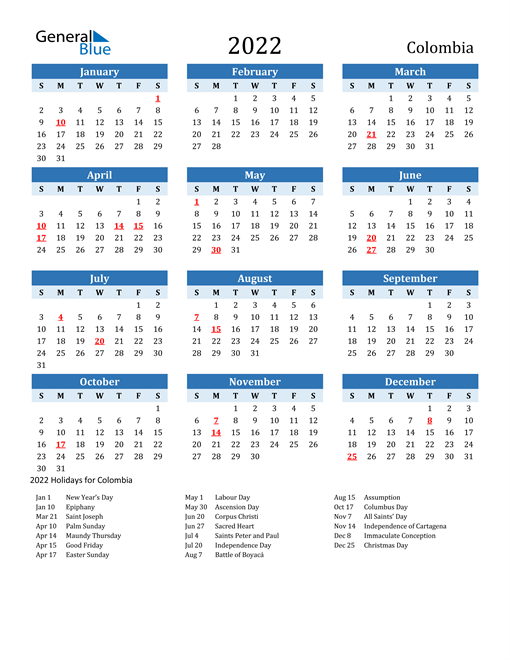 Printable Calendar 2022 with Colombia Holidays