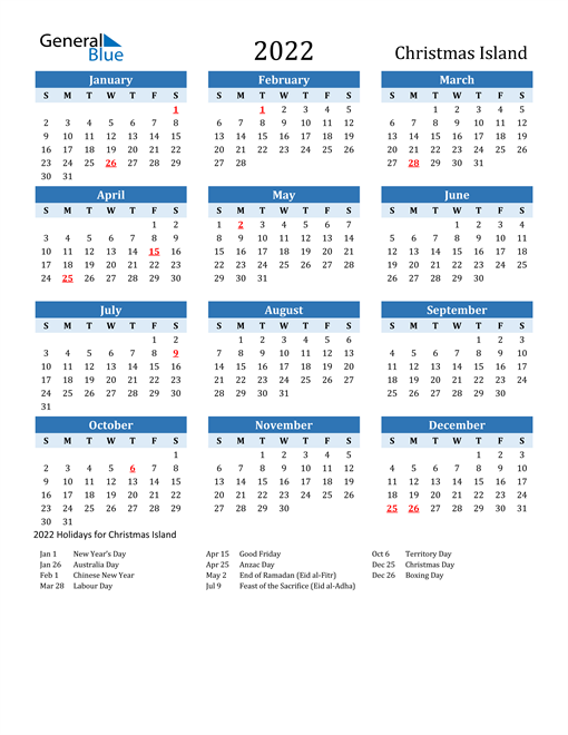Printable Calendar 2022 with Christmas Island Holidays