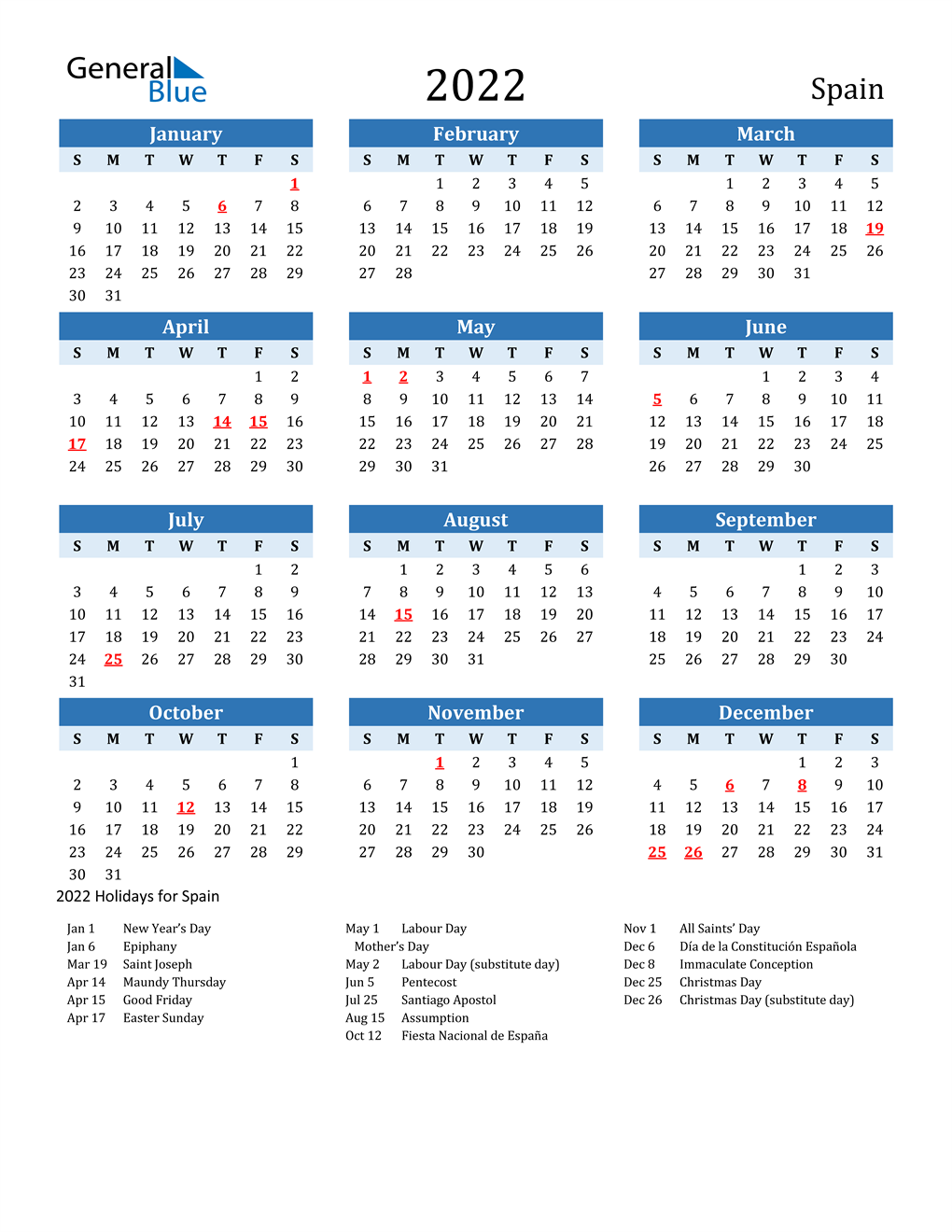 2022 Spain Calendar With Holidays