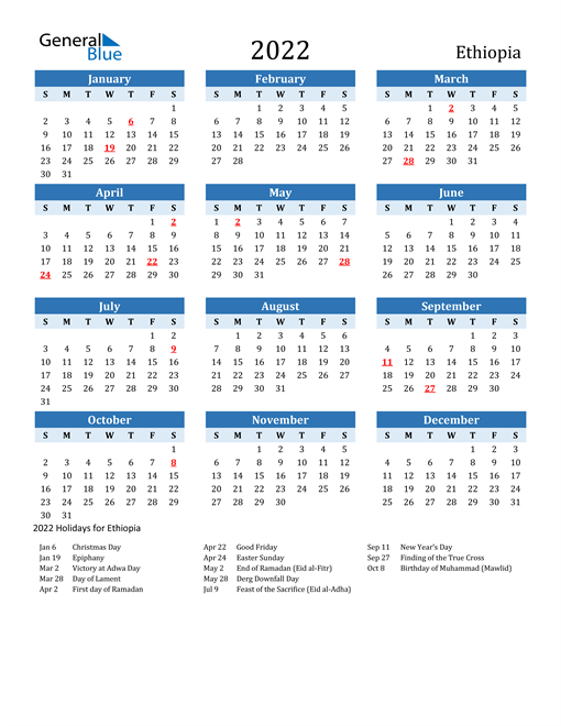 Printable Calendar 2022 with Ethiopia Holidays