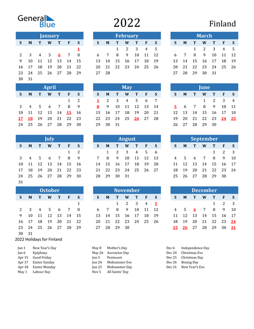Printable Calendar 2022 with Finland Holidays