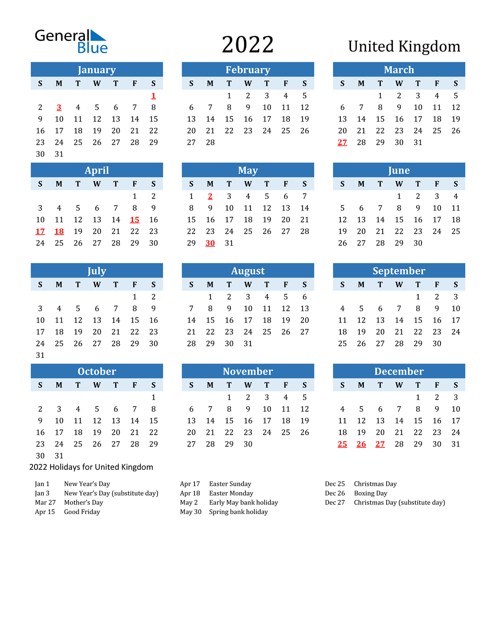 20 United Kingdom Calendar with Holidays