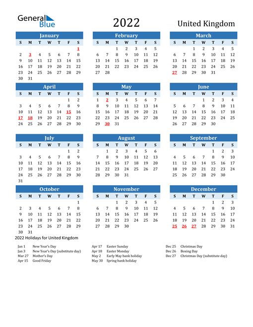 National Holidays 2022 Calendar 2022 United Kingdom Calendar With Holidays