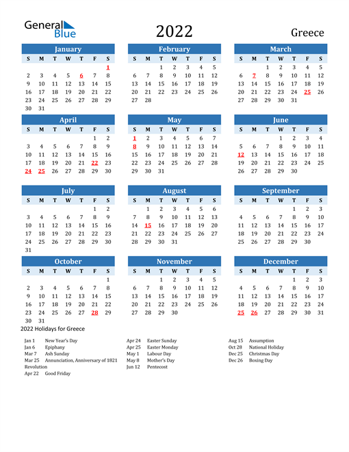 Printable Calendar 2022 with Greece Holidays