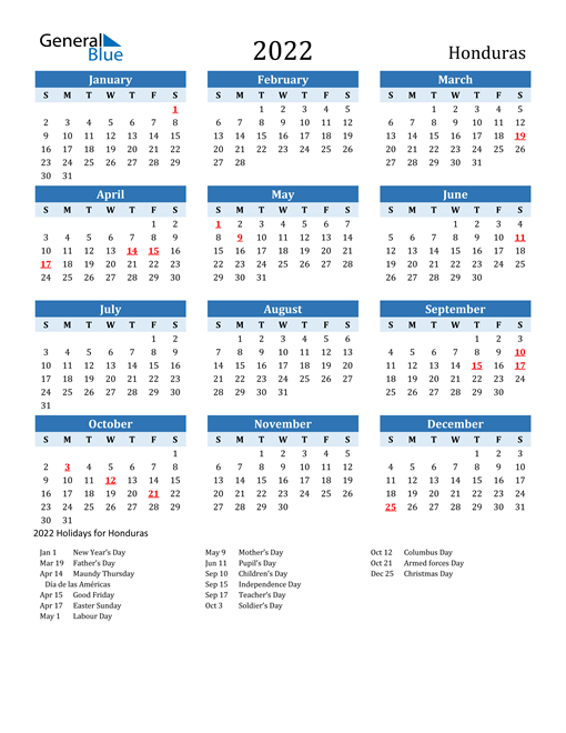 2022 calendar honduras with holidays