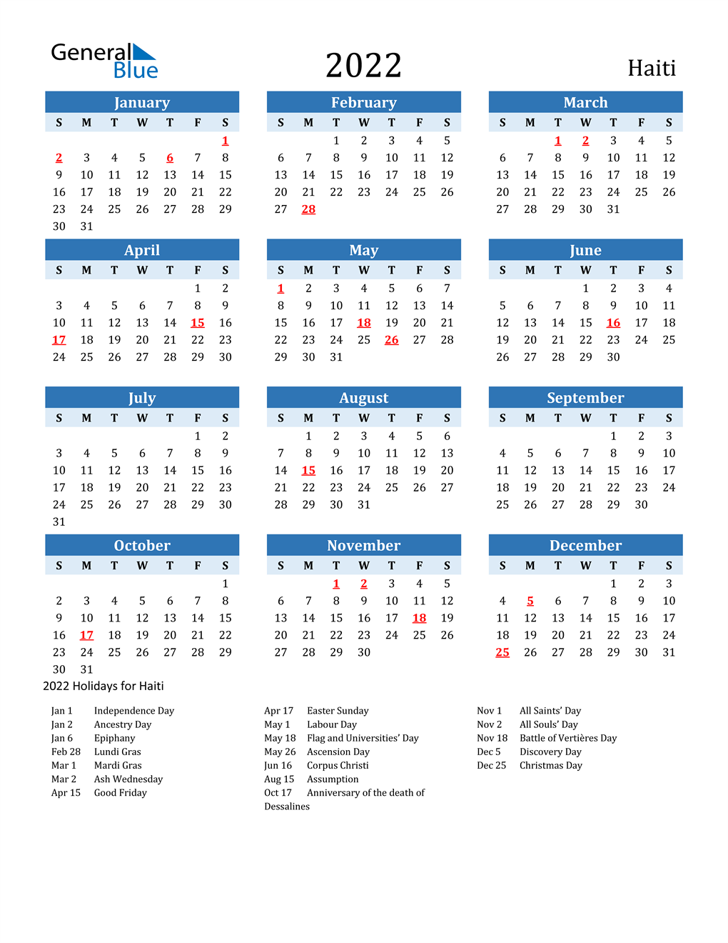 Printable Calendar 2022 with Haiti Holidays