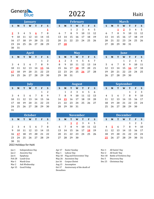 2022 haiti calendar with holidays