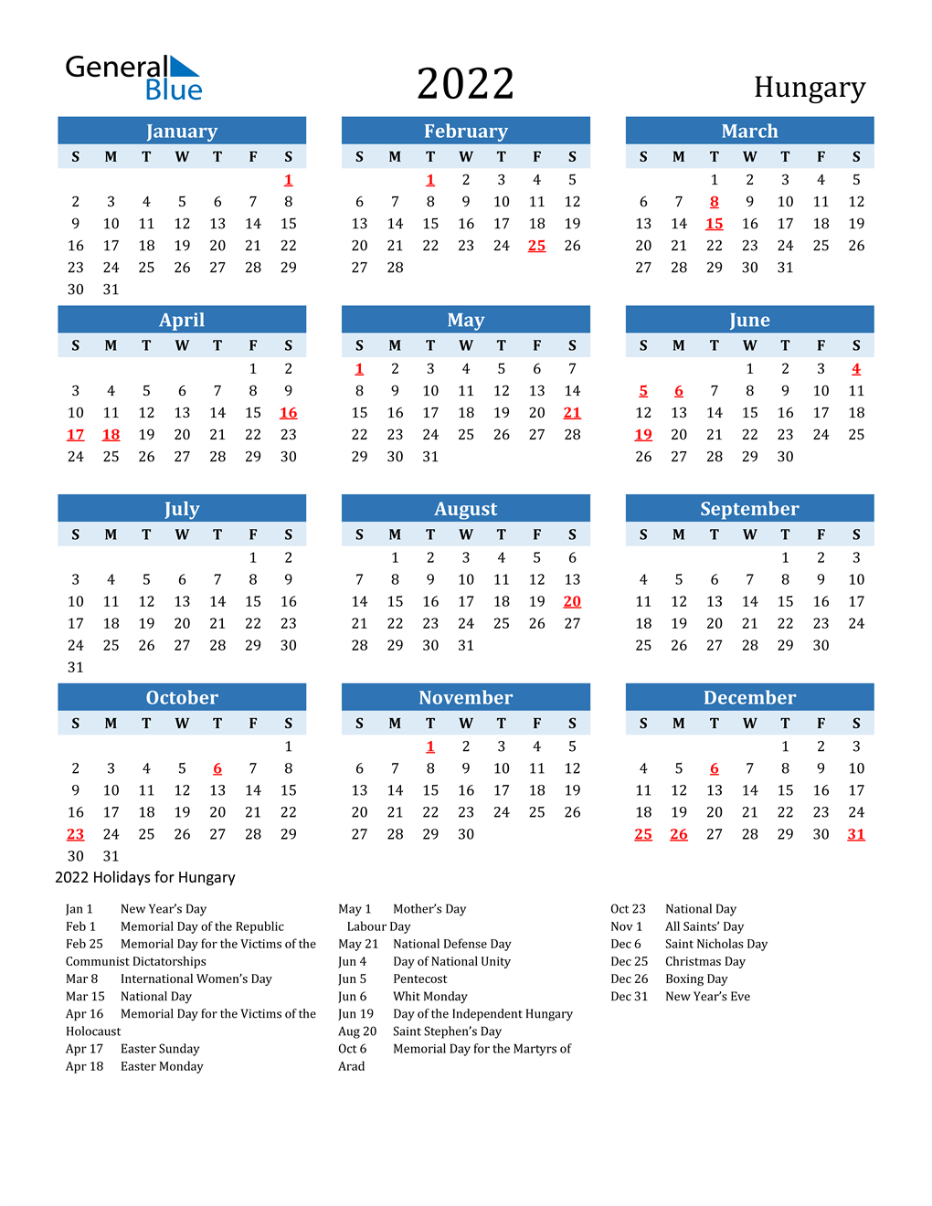 Printable Calendar 2022 with Hungary Holidays