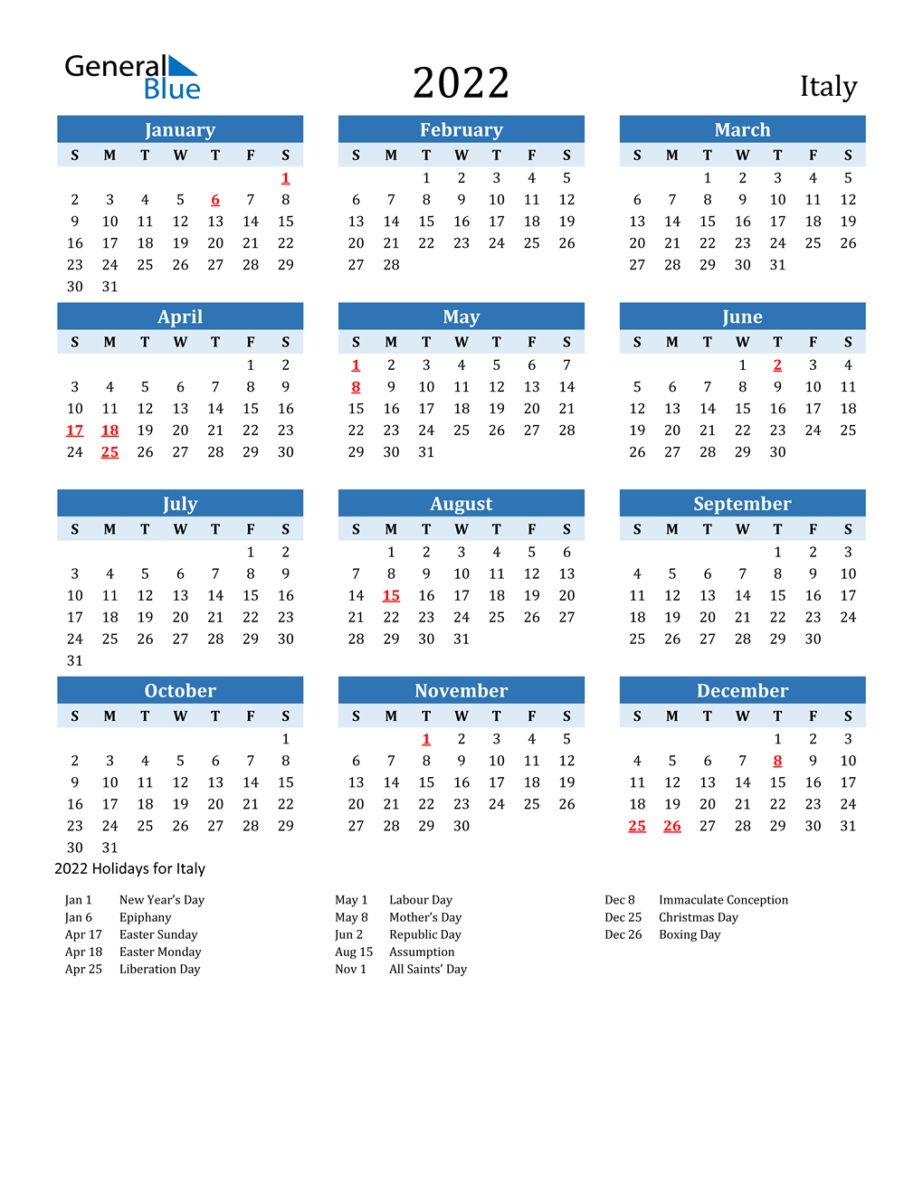 2022 Italy Calendar With Holidays