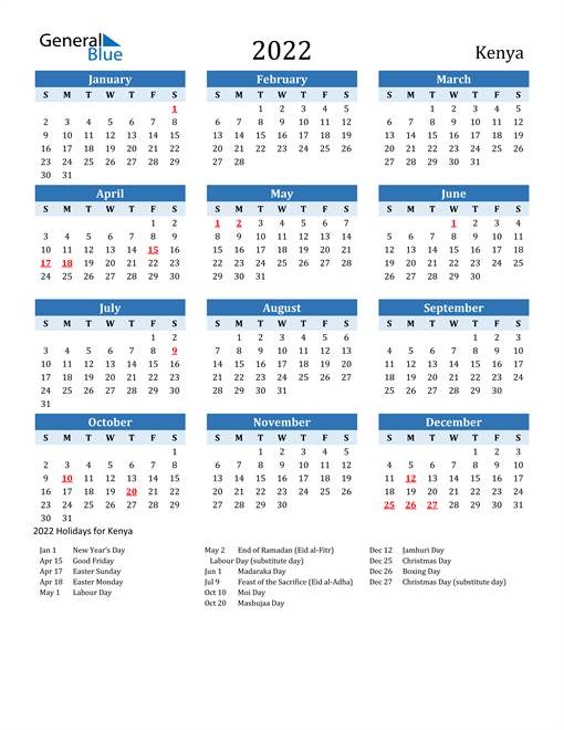 Printable Calendar 2022 with Kenya Holidays