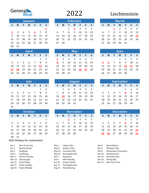 Printable Calendar 2022 with Liechtenstein Holidays
