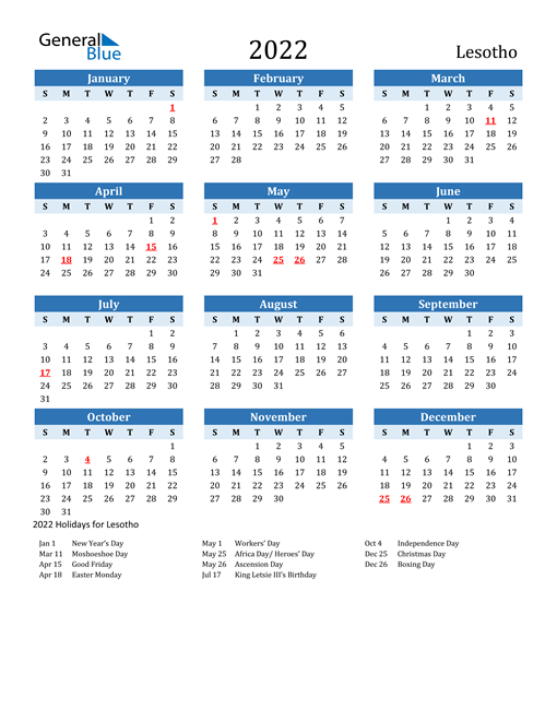 2022 calendar lesotho with holidays