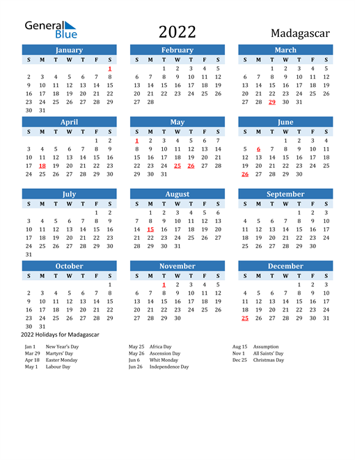 Printable Calendar 2022 with Madagascar Holidays