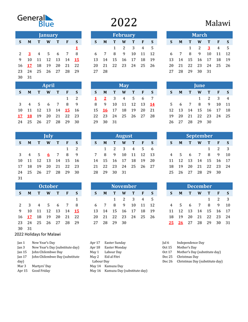 2022 calendar malawi with holidays