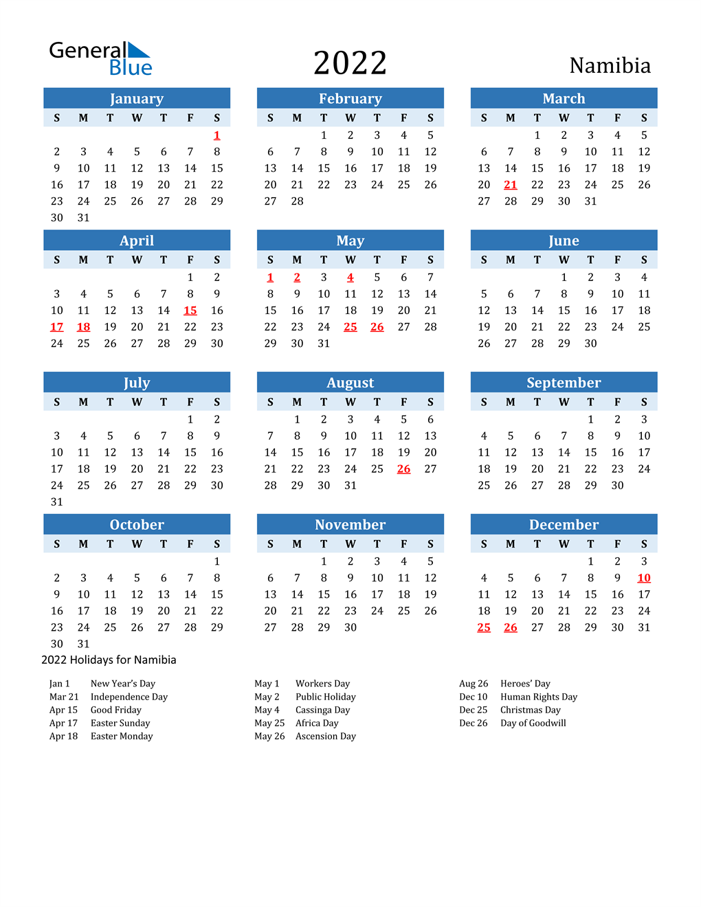 Printable Calendar 2022 with Namibia Holidays