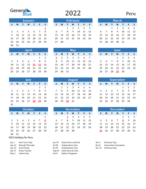 2022 peru calendar with holidays