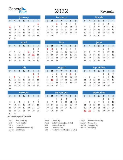 Printable Calendar 2022 with Rwanda Holidays