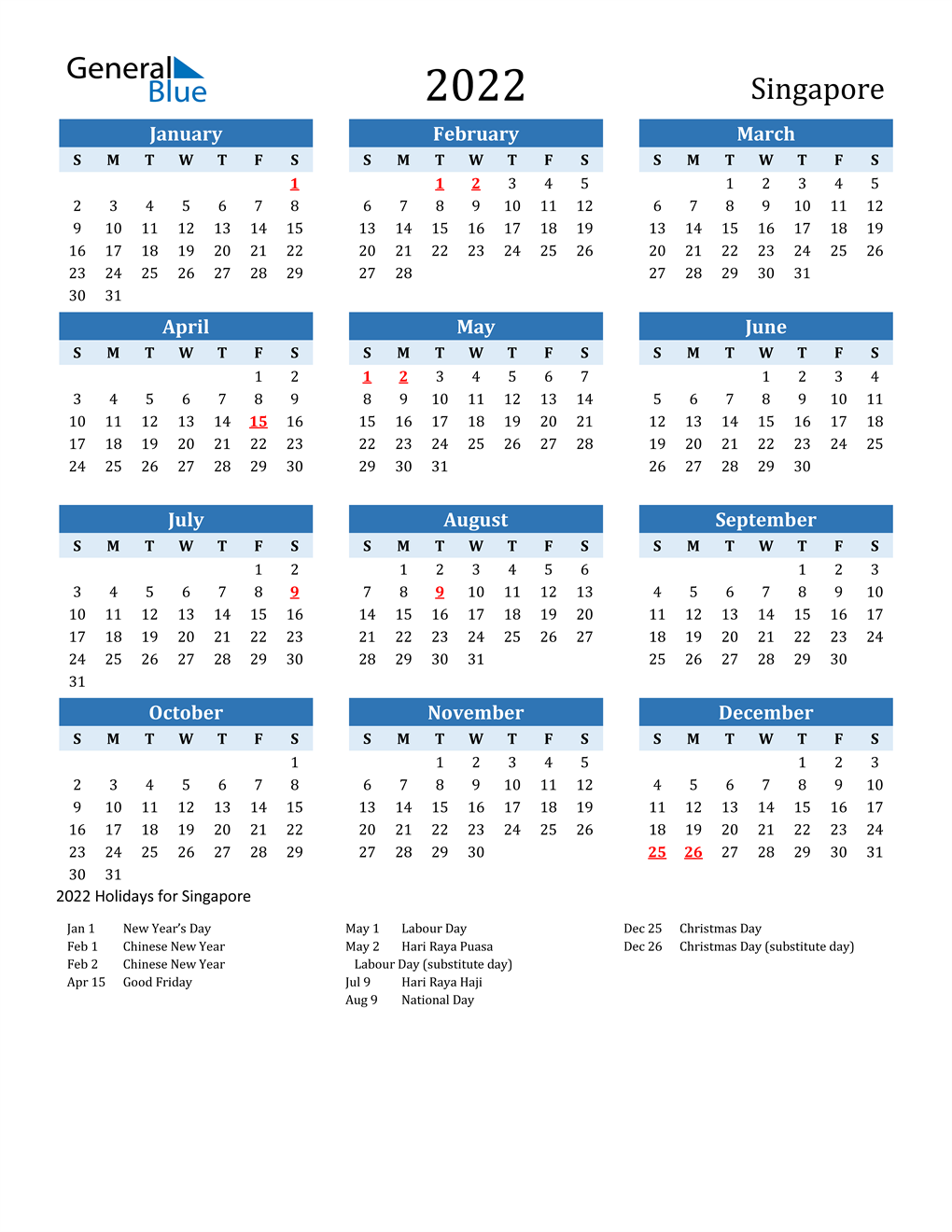 2022 Singapore Calendar With Holidays