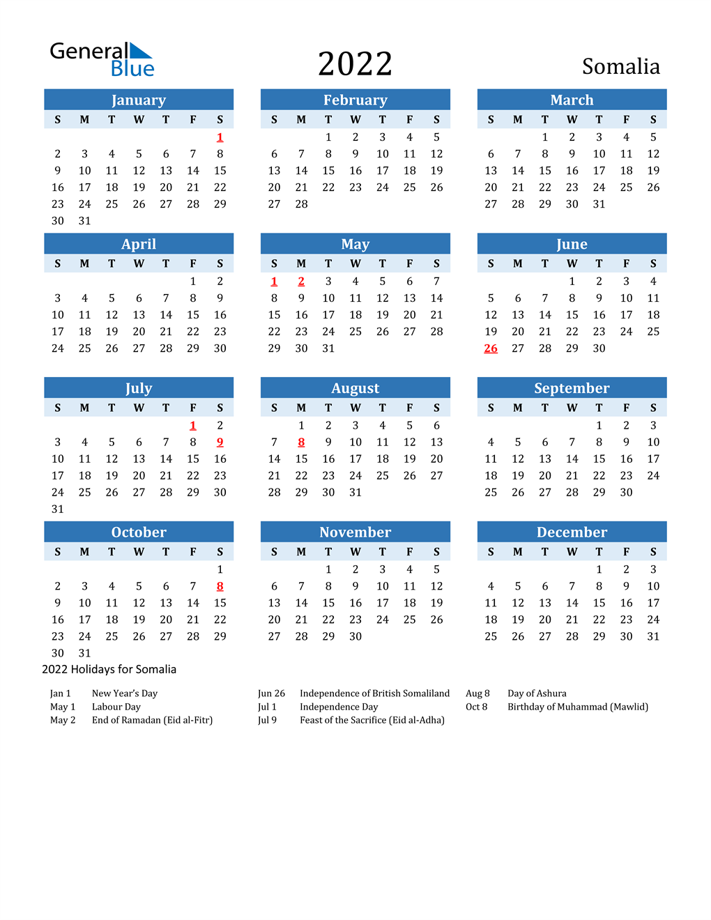 2022 Somalia Calendar with Holidays
