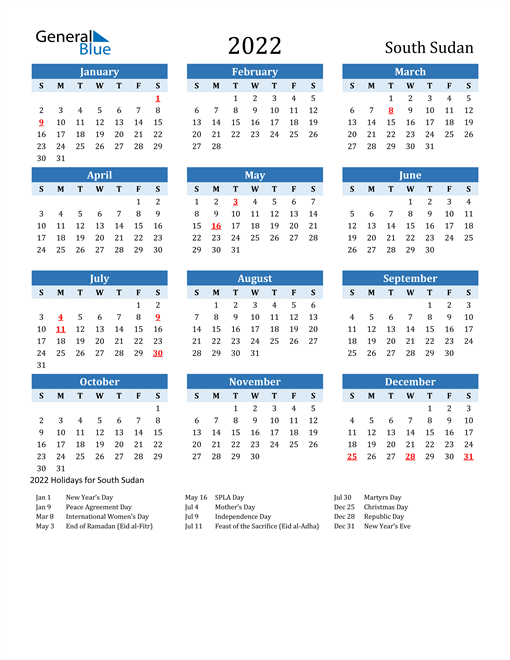 Pace Calendar 2022 2022 South Sudan Calendar With Holidays
