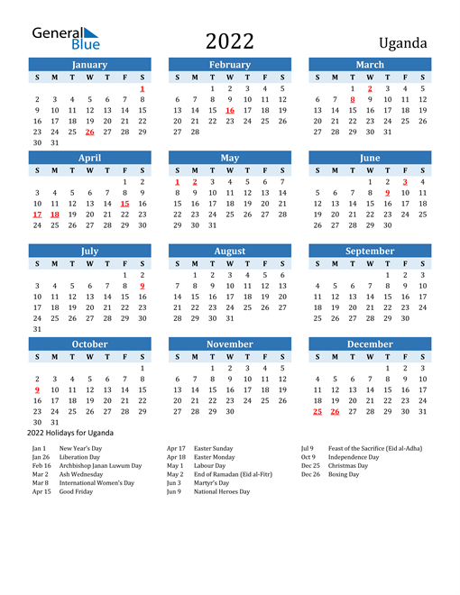 Printable Calendar 2022 with Uganda Holidays