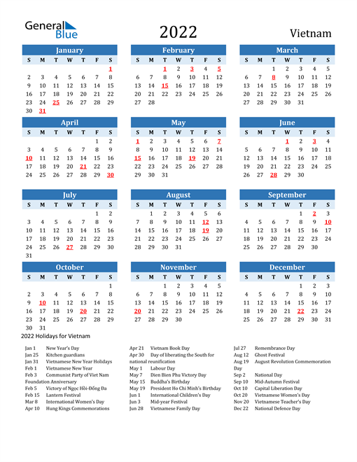 2022 vietnam calendar with holidays