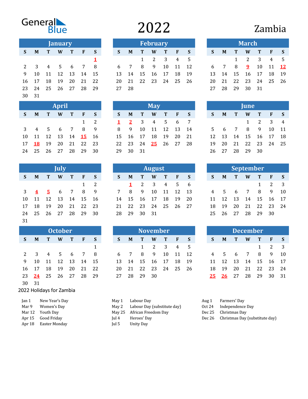 2022 Zambia Calendar with Holidays
