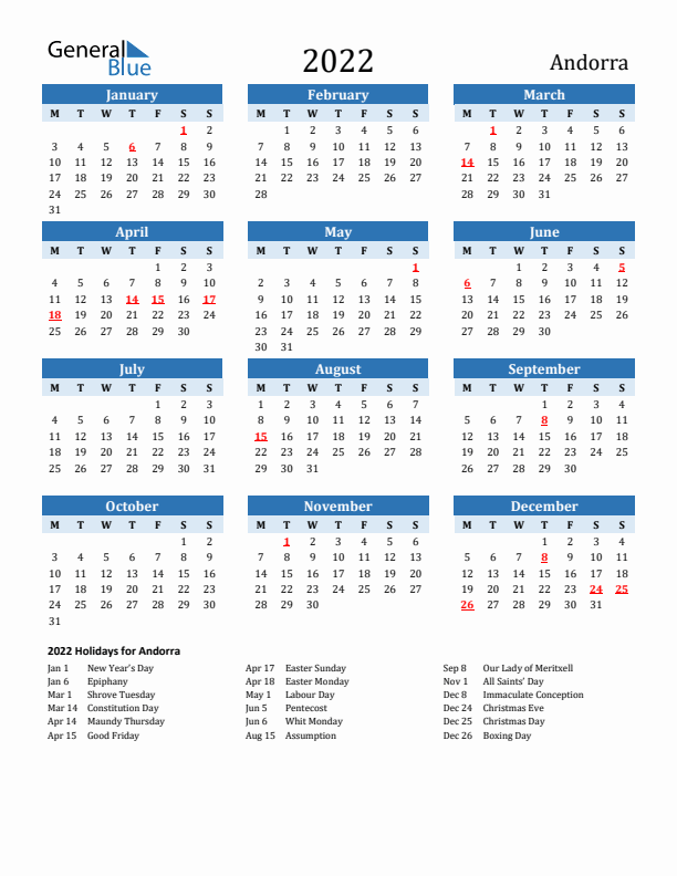 Printable Calendar 2022 with Andorra Holidays (Monday Start)
