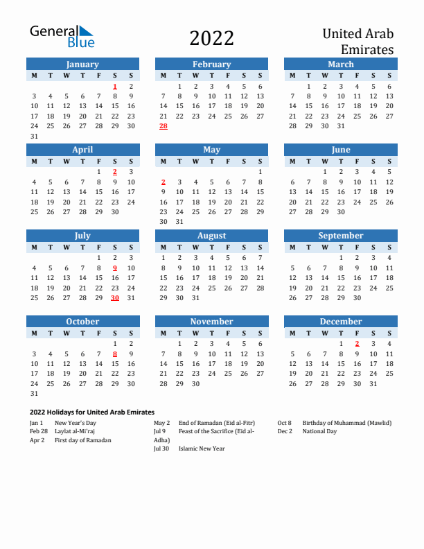 Printable Calendar 2022 with United Arab Emirates Holidays (Monday Start)