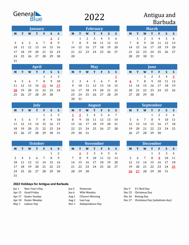 Printable Calendar 2022 with Antigua and Barbuda Holidays (Monday Start)