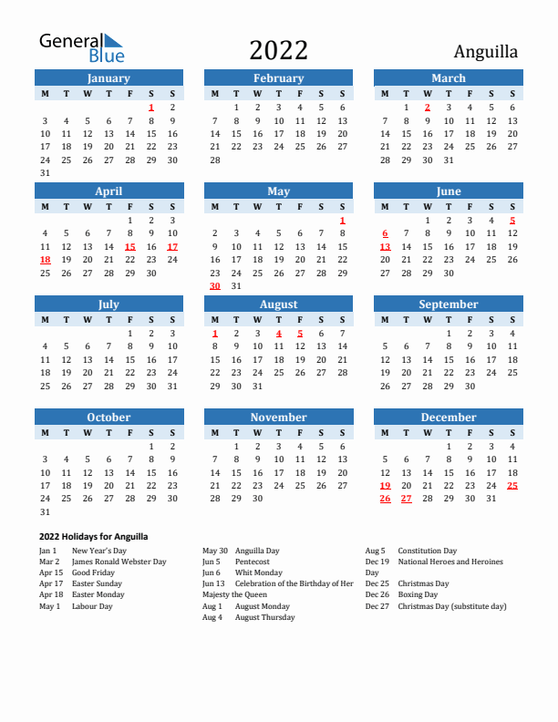 Printable Calendar 2022 with Anguilla Holidays (Monday Start)