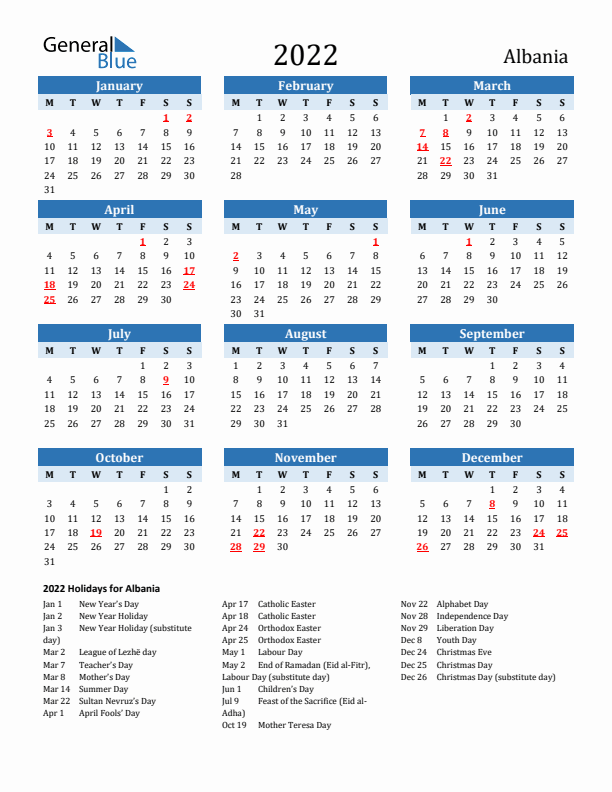 Printable Calendar 2022 with Albania Holidays (Monday Start)