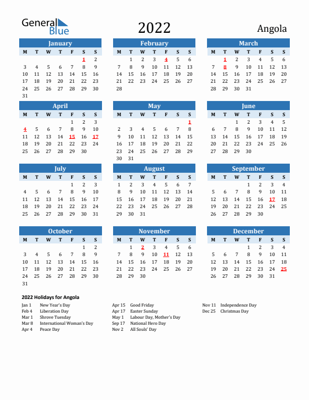 Printable Calendar 2022 with Angola Holidays (Monday Start)