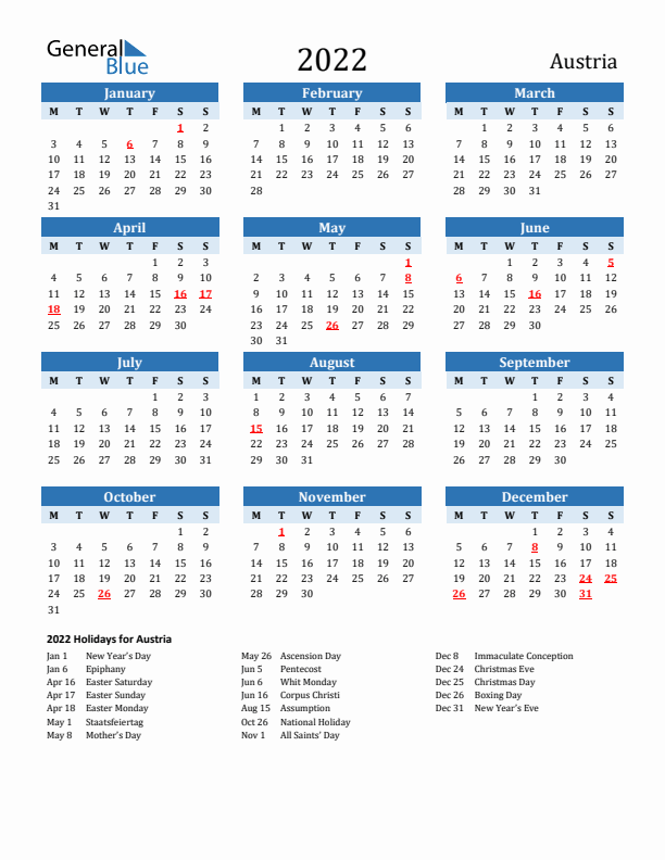 Printable Calendar 2022 with Austria Holidays (Monday Start)