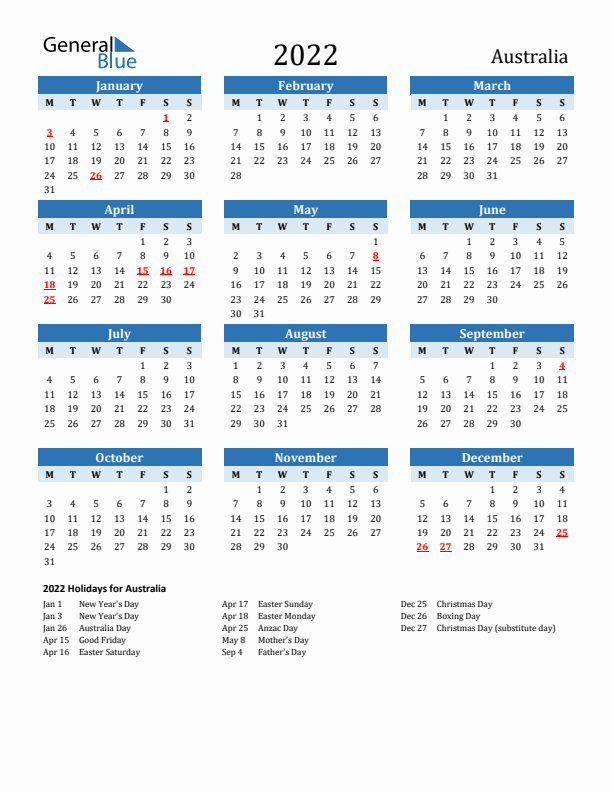 Printable Calendar 2022 with Australia Holidays (Monday Start)