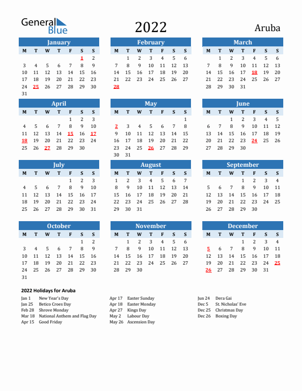 Printable Calendar 2022 with Aruba Holidays (Monday Start)