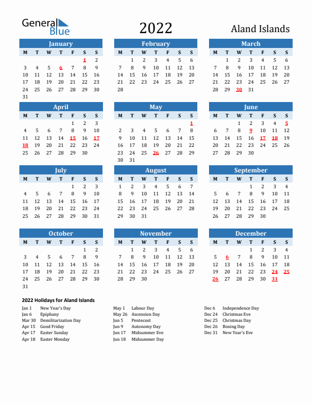 Printable Calendar 2022 with Aland Islands Holidays (Monday Start)