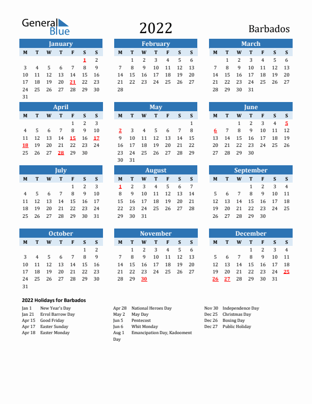Printable Calendar 2022 with Barbados Holidays (Monday Start)