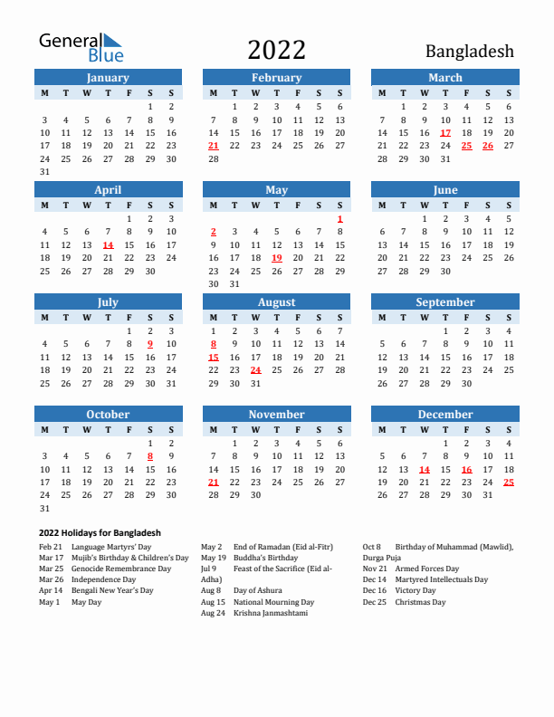 Printable Calendar 2022 with Bangladesh Holidays (Monday Start)