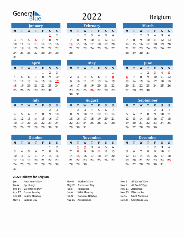 Printable Calendar 2022 with Belgium Holidays (Monday Start)