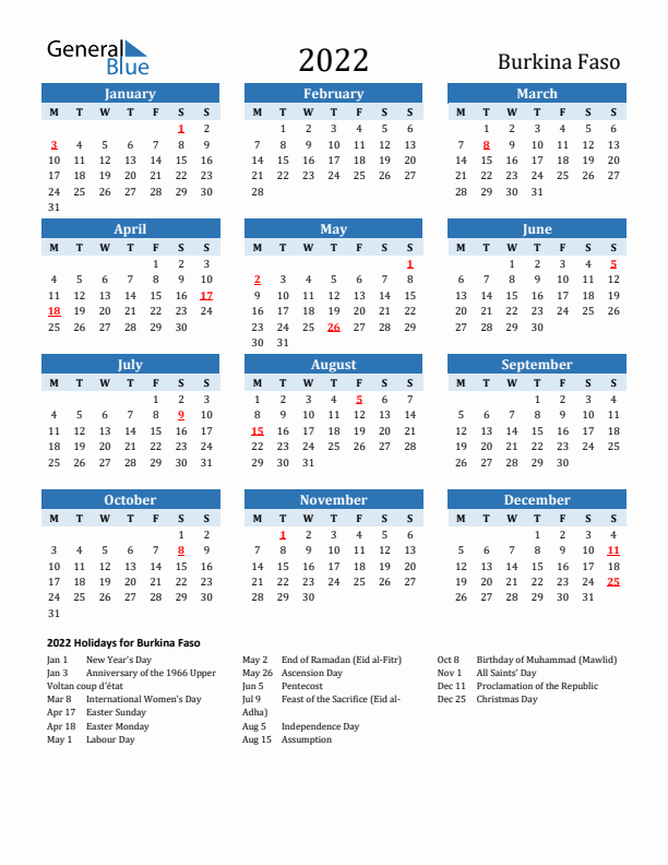 Printable Calendar 2022 with Burkina Faso Holidays (Monday Start)