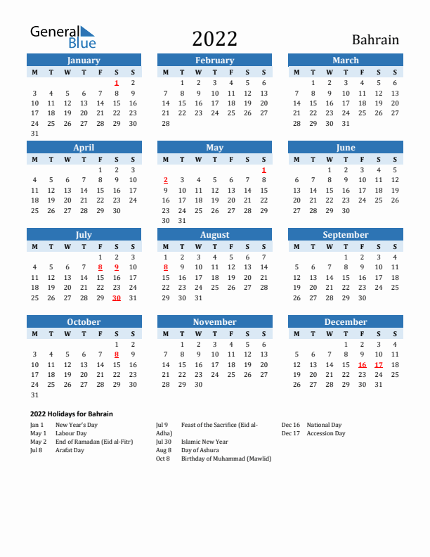 Printable Calendar 2022 with Bahrain Holidays (Monday Start)